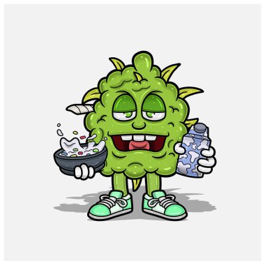 Ot Bud Maskot Çizgi Filmi Mısır Gevreği ve Süt Tutma. Maskot Logosu, Tshirt Tasarımı, İş, Kapak, Etiket ve Paketleme Ürünleri için.