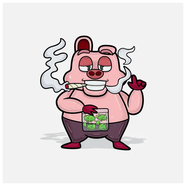 Caricatura Personaje Cerdo Con Fumar Alto Sosteniendo Brote Maleza — Archivo Imágenes Vectoriales