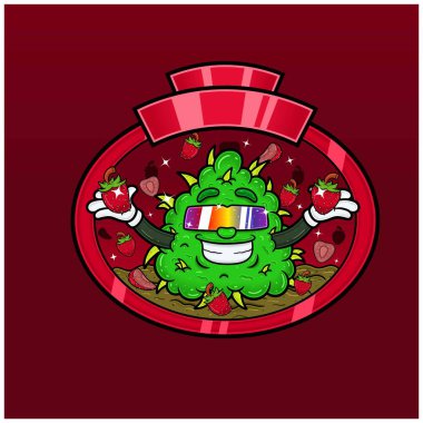 Çilek aromalı ve otlu maskot çizgi filmi. Logo, Etiket ve Paketleme Ürünleri için Ot Tasarımı. 