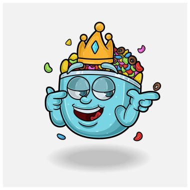 Mısır gevreği maskot karakteri kendini beğenmiş ifadeli çizgi film. Marka, etiket, paketleme ve ürün için. 