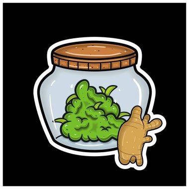 Karikatür maskotlu zencefil aromalı Bud on Jar. Etiket ve Etiket İçin. 