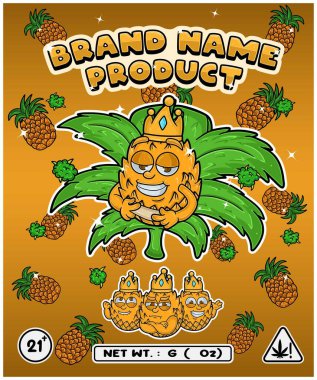 Logo, etiket veya ambalaj için tasarlanmış kenevir yapraklı çizgi film ananas aroması.