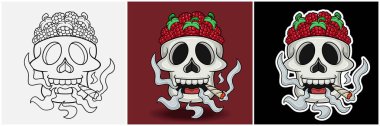 Raspberry Fruit Inside Skull Head With Smoking Character Cartoon. Black White, Colorful and Sticker Style clipart