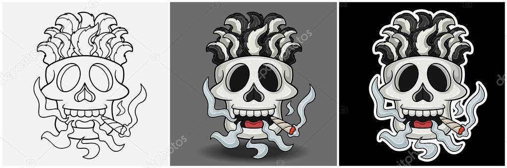 Skunk Tail Inside Skull Head With Smoking Character Cartoon. Black White, Colorful and Sticker Style.