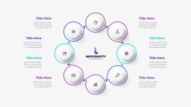 Cycle diagram with 8 options or steps. Infographic template. Eight white circles with thin lines.