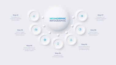 Neumorphic infographic design template. Flowchart diagram with 7 options. clipart