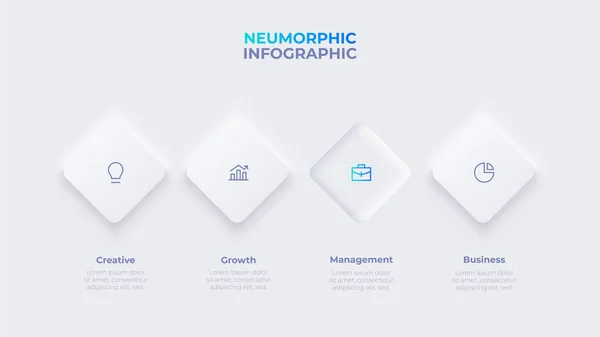 stock vector Rhombuses are arranged horizontally in a row. Button click visualization. Neumorphic infographic with 4 options.