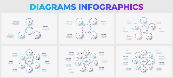 Jeu Diapositives Présentation Infographique Diagrammes Ronds Avec Cercles Flèches Fines — Image vectorielle