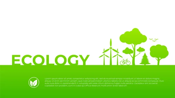 Ecology Flat Design Vector Concept Illustration Windmills Trees Spruce Birds — Stock Vector