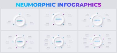 Set of round diagrams divided into 3, 4, 5, 6, 7 and 8 segments. Neumorphic infographics. clipart