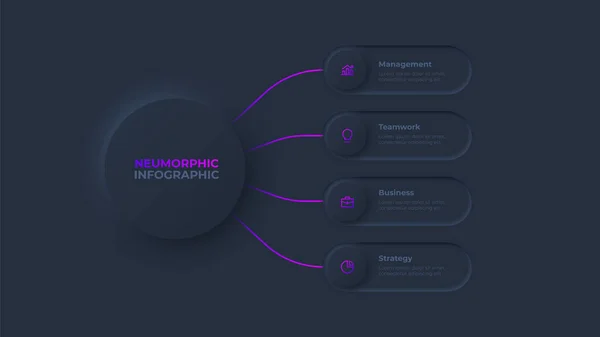 Dark Neumorphic Flowchart Infographic Business Data Visualization Steps Concept Development — Stock Vector
