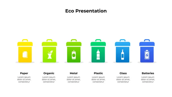 Afval Sorteren Ecologie Recycling Concept Vuilnisbakken — Stockvector