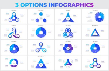 Big set of vector triangles, circles and other elements for infographic with 3 options. clipart