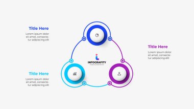 İnce çizgilerle birbirine bağlı üç daireli diyagram. Döngü işi sunumu için şablon. 3 seçenekli vektör bilgi tasarımı illüstrasyonu.