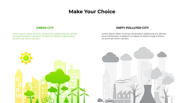 Concepto Ciudad Limpia Verde Sucia Contaminada Infografía Ecológica — Archivo Imágenes Vectoriales