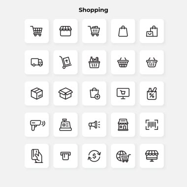 Dükkan ve e-ticaret hattı simgeleri koleksiyonu. İnce taslak simgeleri paketle.