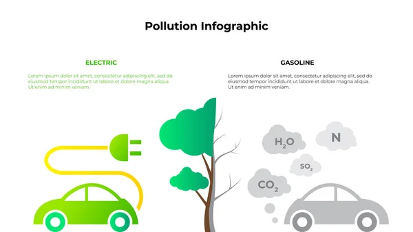Визуализация Загрязнения Выхлопных Газов Автомобиля Сравнение Электромобилем Шаблон Слайда Экологии — стоковый вектор
