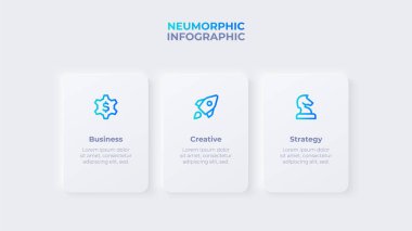 Üç dikdörtgen elementi olan hafif neumorfik şablon. Bilgi sunumu.