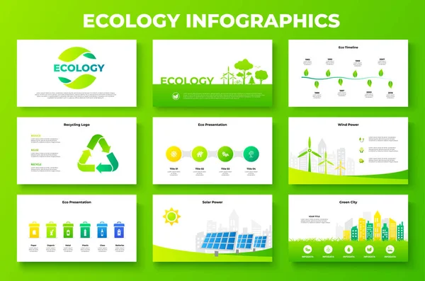 Tri Des Ordures Logo Recyclage Énergie Solaire Éoliennes Ensemble Infographies — Image vectorielle