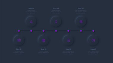 Karanlık arkaplanda neumorfik zaman çizgisi bilgisi. 7 seçenek, parça, adım veya süreçten oluşan Skeuomorph konsepti.