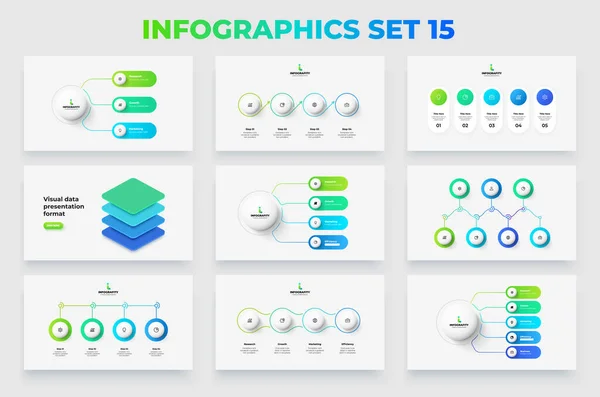 stock vector Collection of infographic presentation slides with flowcharts, timelines and thin line diagrams.