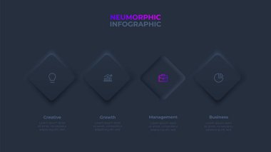 4 adım, seçenek, parça ya da süreç içeren karanlık neumorfik bilgi. Rhombuslar yatay olarak sıralanır. Düğme görselleştirmesi.