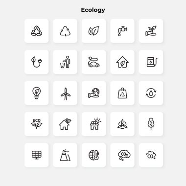 Ekoloji çizgisi simgeleri ayarlandı. Geri dönüşüm logosu, güneş paneli, yapraklar, elektrikli araba ve diğer elementler.