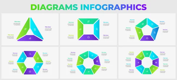 stock vector Set of geometric diagrams with 3, 4, 5, 6, 7 and 8 options. Infographics templates.