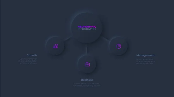 Dunkler Neumorphismus Flussdiagramm Folie Konzept Der Visualisierung Von Geschäftsprojekten Mit — Stockvektor