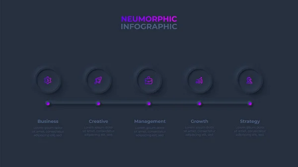 stock vector Thin horizontal line with five circles. Concept of 5 steps of business processes. Dark neumorphism infographic design template.