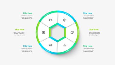 Çember elemanı 6 parçaya bölünür. Sunum için iş verileri görselleştirmesi. Vektör bilgi diyagramı.