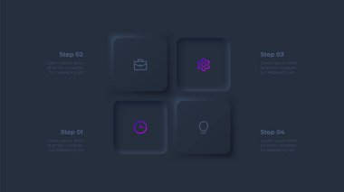 Bilgi için karanlık neumorfik düğmeler. Şablon, grafik, sunum ve grafik. 4 seçenek, parça, adım veya işleme sahip Skeuomorph kavramı.