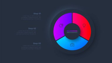 Karanlık döngü neumorfizm diyagramı 3 sektöre bölünmüştür. Çember bilgi tasarım şablonu.