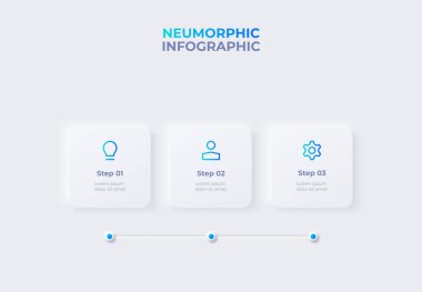 Neumorphism zaman çizelgesi bilgisi. 3 seçenek, parça, adım veya işleme sahip Skeuomorph kavramı.