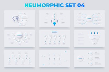 Neumorphism bilgi elementleri içeren dokuz slayt. Zaman çizelgeleri, huni, roket, dünya ve döngü şemaları. 4, 5, 6, 7 ve 8 seçenekleri olan diyagramlar kümesi.