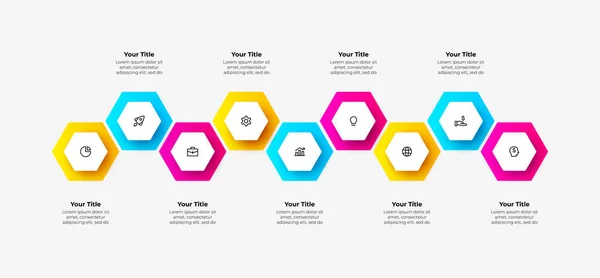 Neuf Hexagones Pour Présentation Affaires Éléments Infographie Concept Entreprise Avec — Image vectorielle