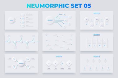 Nörofizm bilgi grafikleri ayarlandı. Zaman çizelgeleri, akış çizelgeleri ve döngü şemaları. 4, 5 ve 6 seçenekli Infograph konsepti.