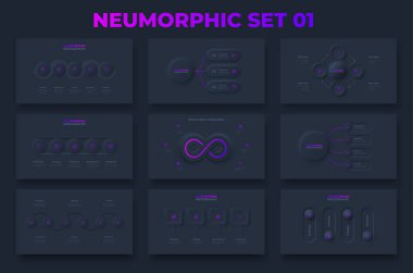 Karanlık neumorfizm bilgi elementleri. Zaman çizelgeleri, halkalar, akış çizelgeleri ve döngü şemaları. 3, 4, 5 ve 6 seçenekli Infograph konsepti.