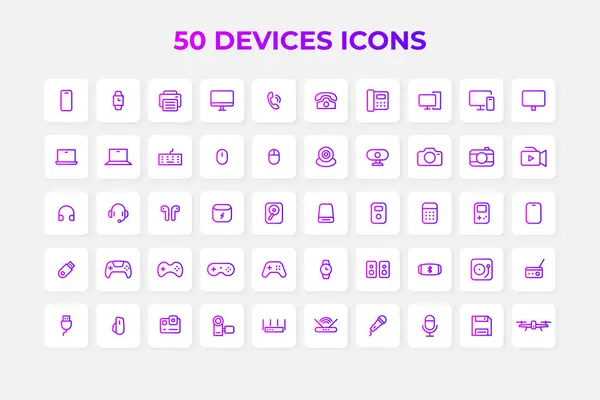 Colección Dispositivos Oficina Iconos Línea Gadgets Paquete Iconos Contorno Delgado — Vector de stock