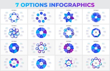 7 seçenek, adım veya süreç içeren Heptagon, daire, ok ve soyut elementler kümesi.