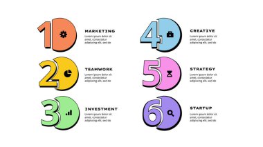 1 'den 6' ya kadar numaraların olduğu bir dizi bilgi pankartı. Neo-gaddarlık tasarım tarzı.