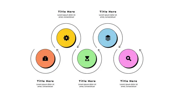 Fem Cirklar För Infografisk Tidslinje Med Tunna Pilar Neobrutalism Visualisering — Stock vektor