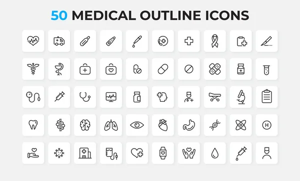 Colección Iconos Línea Médica Esquema Medicina Cuidado Salud — Vector de stock