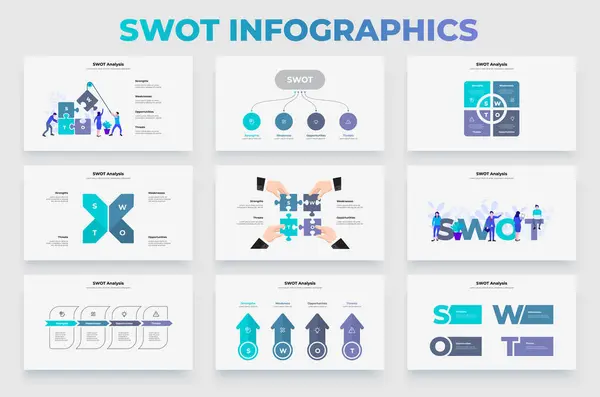 Conjunto Plantillas Infografía Swot Para Presentación Empresarial Diagramas Abstractos Ilustraciones — Vector de stock
