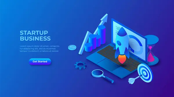 Ilustração Azul Escuro Isométrica Startup Conceito Design Negócios Com Foguete Gráficos Vetores