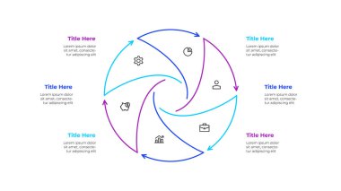 Taslak döngüsü diyagramı 6 sektöre bölünmüştür. Tasarım konsepti üç adım ya da iş döngüsünün bir parçası. Infographic tasarım şablonu.