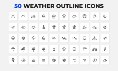 Değişik hava koşullarını basit ve minimalist bir şekilde gösteren 50 ana hatlı simge koleksiyonu. Web tasarımı, bilgi grafikleri ve eğitim projeleri için ideal.