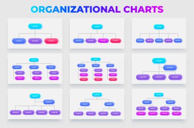 Organizasyon şeması koleksiyonu çeşitli hiyerarşik yapılar ve ticari ve kurumsal amaçlar için planlar sergiliyor. Infographic akış şeması şablonları.
