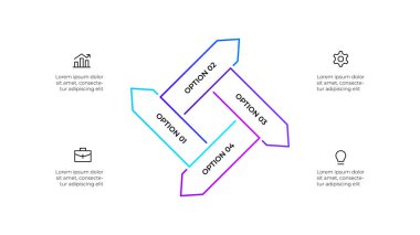 Yuvarlak bir kademeli düzende dizilmiş ok bilgisi taslağı, 4 seçeneğin altını çiziyor. Sunumlar, iş stratejisi görselleştirmeleri veya eğitim materyalleri için ideal.