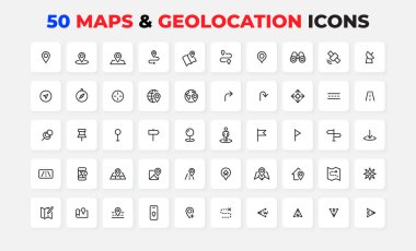Haritaları, konumlandırmayı ve navigasyonu temsil eden 50 çizgi simgesi seti. Uygulamalar, tasarım projeleri, UI UX ve kartografik gösterimler için mükemmel.